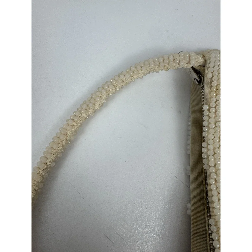 Vtg 1960s Beaded Cream Evening‎ Handbag Handmade Hong Kong Top Handle Purse